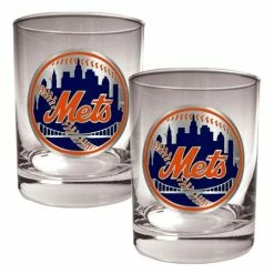 Promo 😀 Great-American-Products Cocktail Glasses MLB New York Mets 2pc. Rocks Glass Set ✨